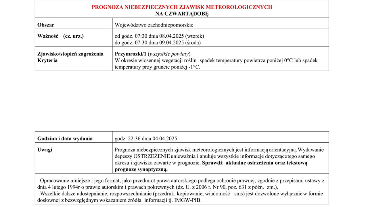 OSTRZEŻENIE METEOROLOGICZNE 08.04.2025 R.- 09.04.2025 R. MOŻLIWE PRZYMROZKI