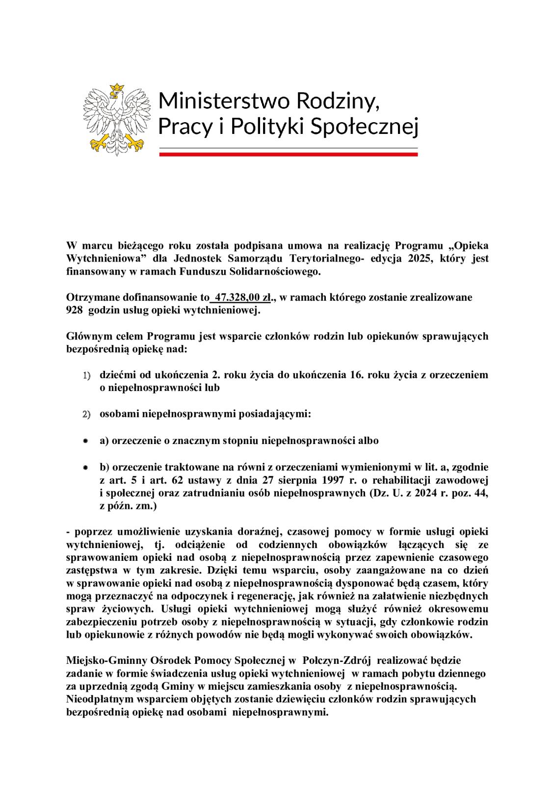 Rozpoczęcie realizacji programu "Opieka wytchnieniowa" - dla jednostek Samorządu Terytorialnego - edycja 2025 