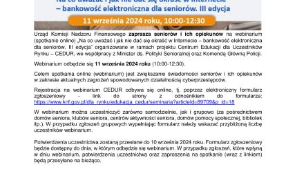 Webinarium dla seniorów i ich opiekunów „Na co uważać i jak nie dać się okraść w Internecie – bankowość elektroniczna dla seniorów. III edycja”